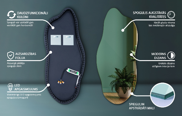 Miroir forme irrégulière lumineux 45x100 cm