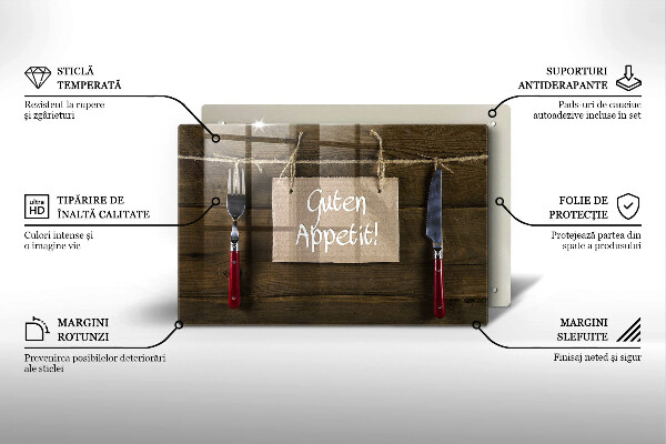 Protège plaque de cuisson Inscription Guten Appetit sur des planches de bois