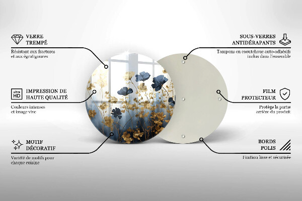 Protection plaque induction Fleurs bleues et dorées