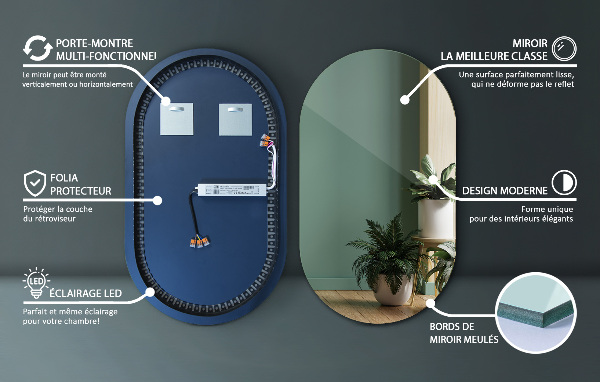 miroir ovale sans cadre led 58x100 cm