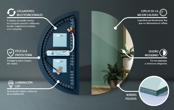 Miroir semi-circulaire led 25x50 cm