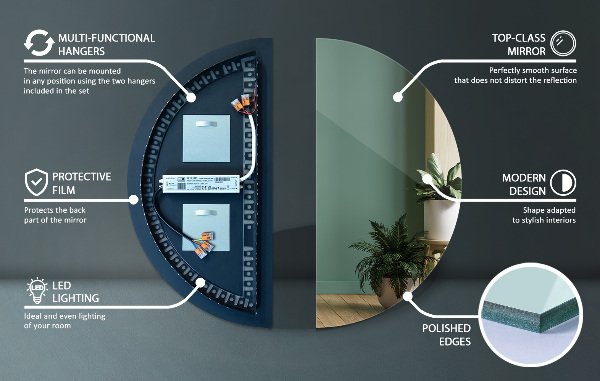 Miroir semi circulaire lumineux led 45x90 cm