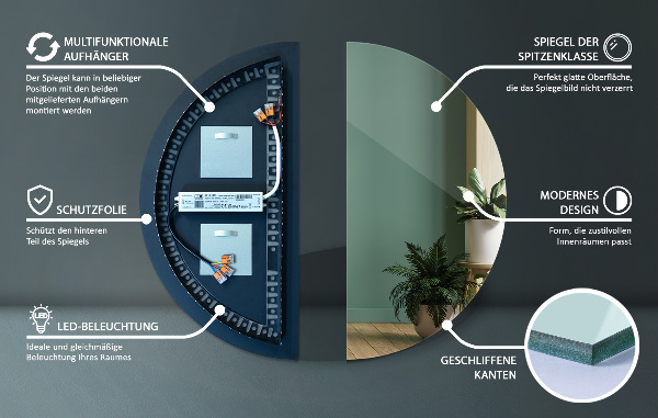 Miroir semi-circulaire avec led 50x100 cm
