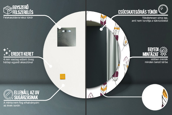 Miroir rond cadre avec impression Plumes