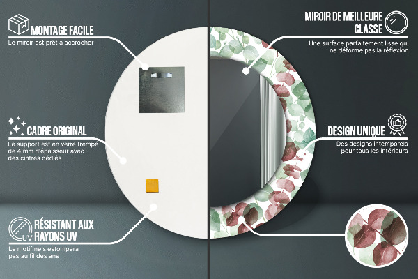 Miroir rond cadre avec impression Eucalyptus