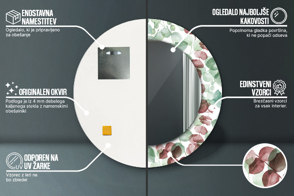 Miroir rond cadre avec impression Eucalyptus