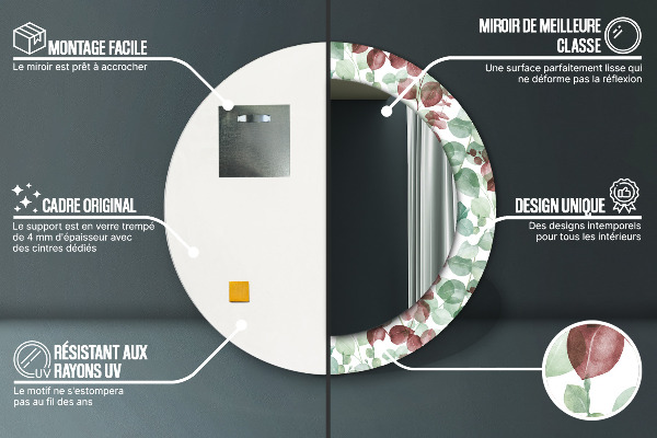 Miroir rond cadre avec impression Eucalyptus