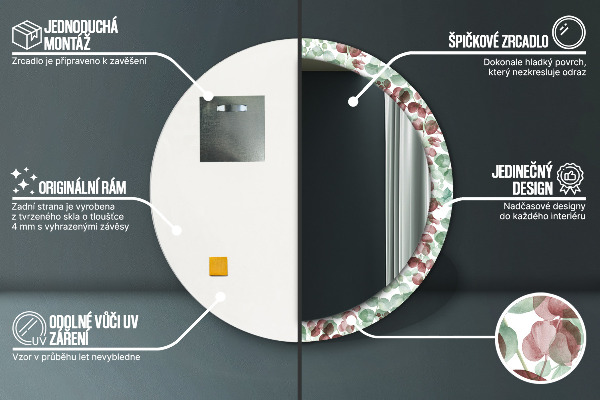 Miroir rond cadre avec impression Eucalyptus