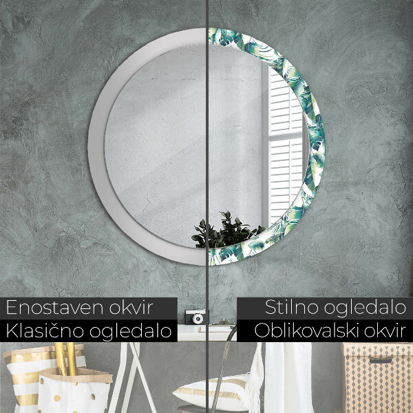 Miroir rond cadre avec impression Feuilles