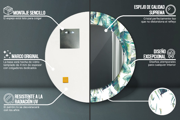 Miroir rond cadre avec impression Feuilles