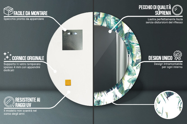 Miroir rond cadre avec impression Feuilles