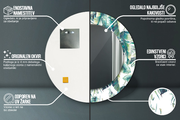 Miroir rond cadre avec impression Feuilles