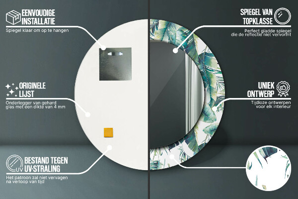 Miroir rond cadre avec impression Feuilles