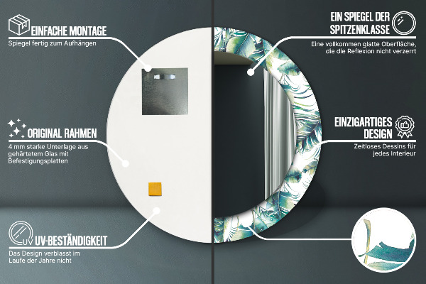 Miroir rond cadre avec impression Feuilles