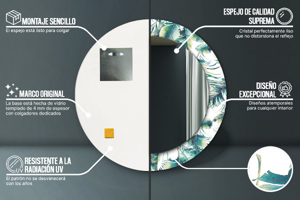 Miroir rond cadre avec impression Feuilles