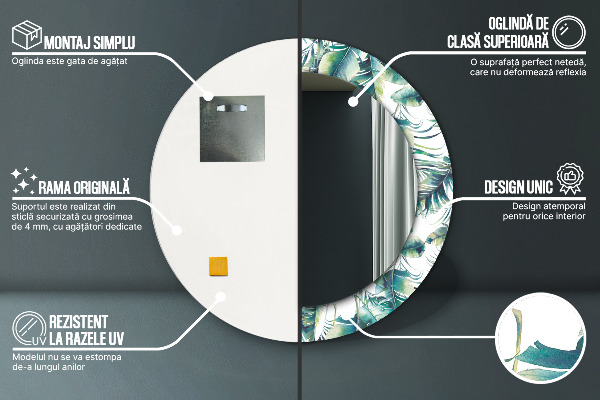 Miroir rond cadre avec impression Feuilles