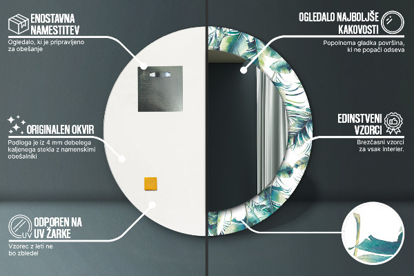 Miroir rond cadre avec impression Feuilles
