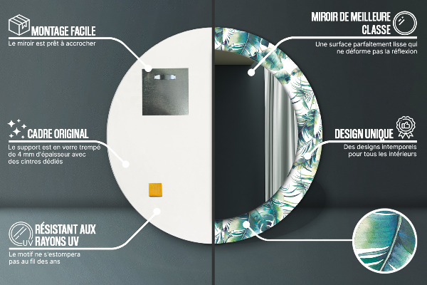 Miroir rond cadre avec impression Feuilles