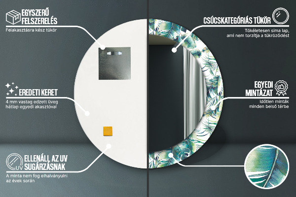Miroir rond cadre avec impression Feuilles