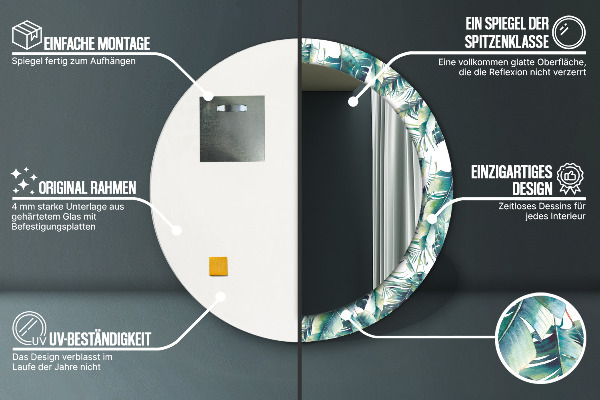 Miroir rond cadre avec impression Feuilles