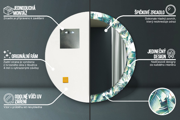 Miroir rond cadre avec impression Feuilles