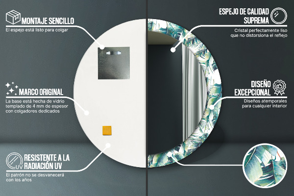 Miroir rond cadre avec impression Feuilles
