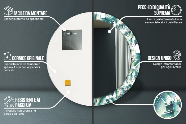 Miroir rond cadre avec impression Feuilles