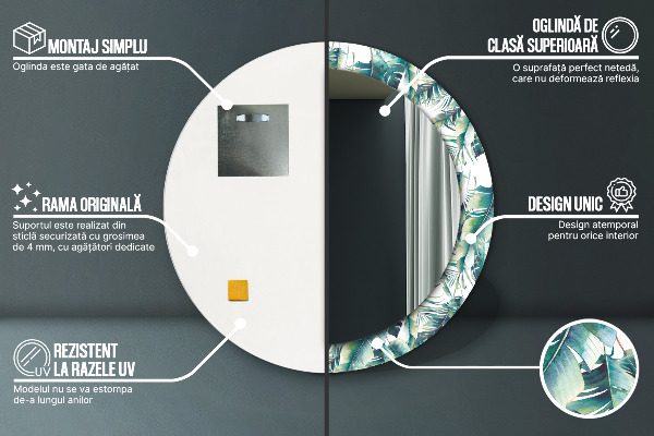 Miroir rond cadre avec impression Feuilles