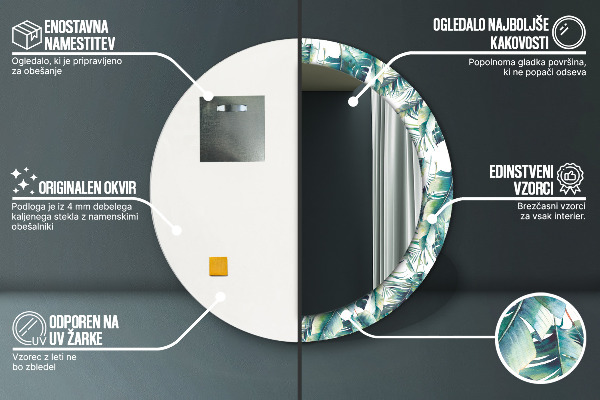 Miroir rond cadre avec impression Feuilles