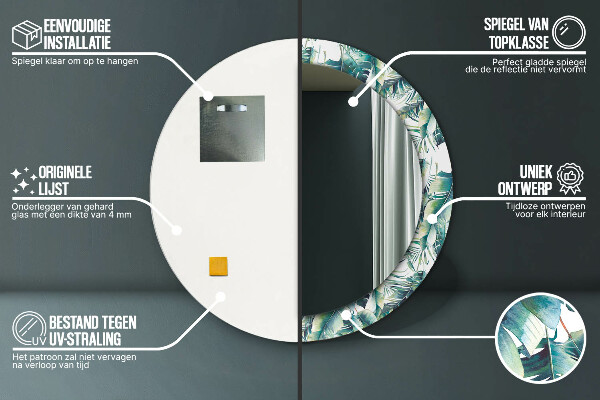 Miroir rond cadre avec impression Feuilles