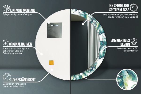 Miroir rond cadre avec impression Feuilles