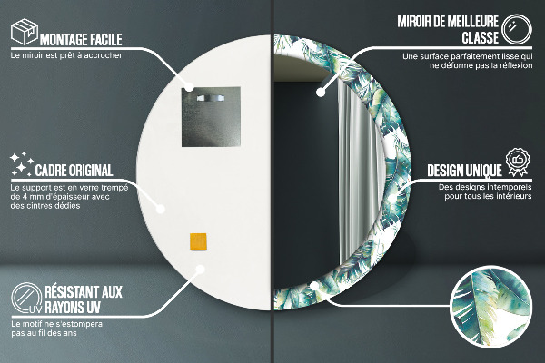 Miroir rond cadre avec impression Feuilles