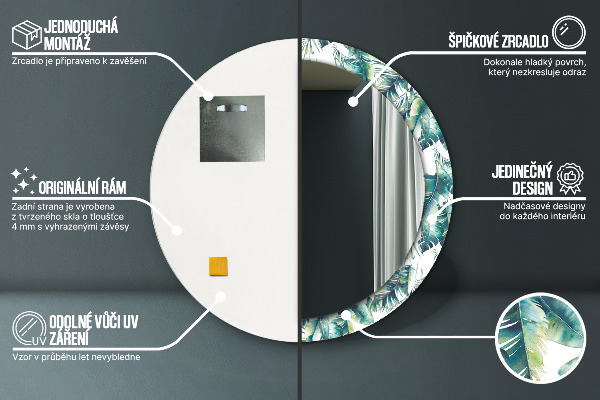 Miroir rond cadre avec impression Feuilles