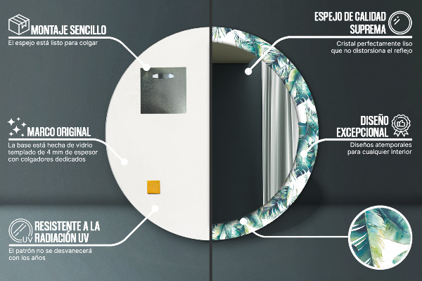 Miroir rond cadre avec impression Feuilles