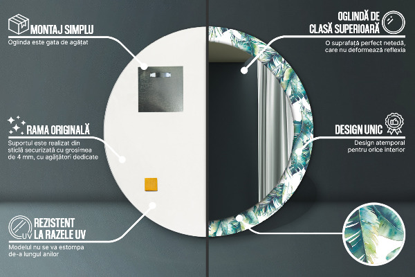 Miroir rond cadre avec impression Feuilles