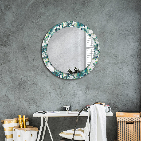 Miroir rond cadre avec impression Feuilles