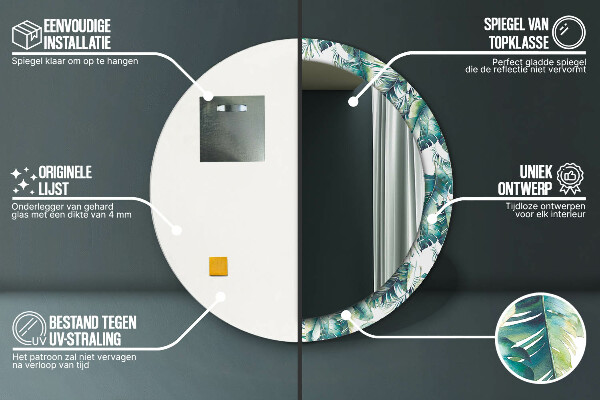 Miroir rond cadre avec impression Feuilles