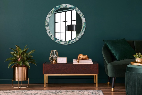 Miroir rond cadre avec impression Feuilles