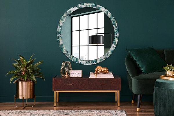 Miroir rond cadre avec impression Feuilles