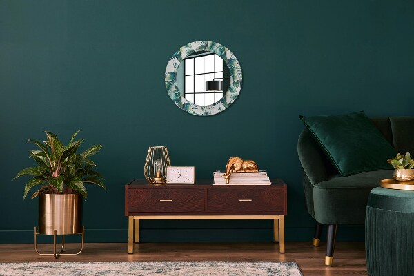 Miroir rond cadre avec impression Feuilles