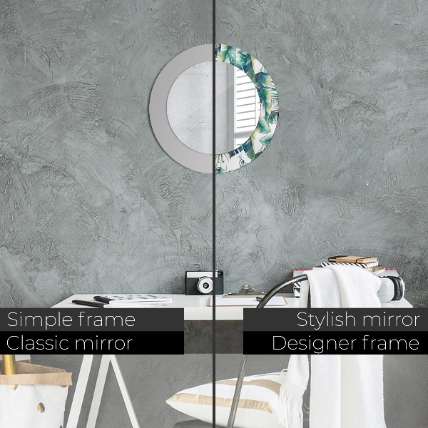 Miroir rond cadre avec impression Feuilles