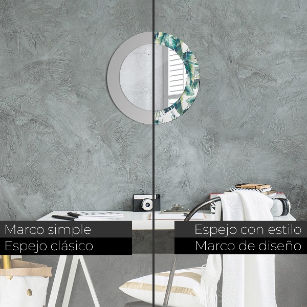 Miroir rond cadre avec impression Feuilles