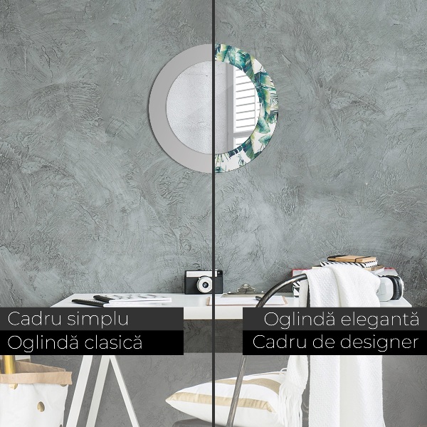 Miroir rond cadre avec impression Feuilles