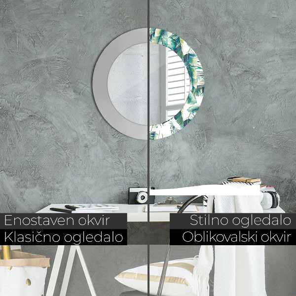 Miroir rond cadre avec impression Feuilles