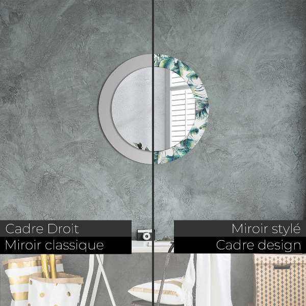 Miroir rond cadre avec impression Feuilles