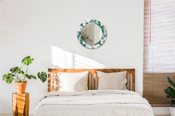 Miroir rond cadre avec impression Feuilles