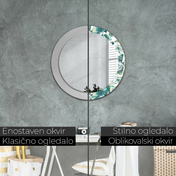 Miroir rond cadre avec impression Feuilles