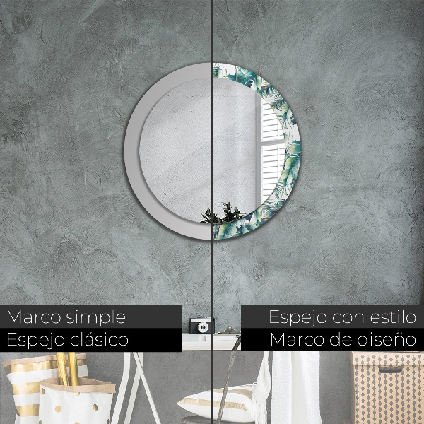 Miroir rond cadre avec impression Feuilles