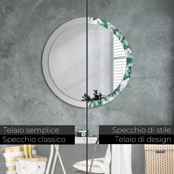 Miroir rond cadre avec impression Feuilles