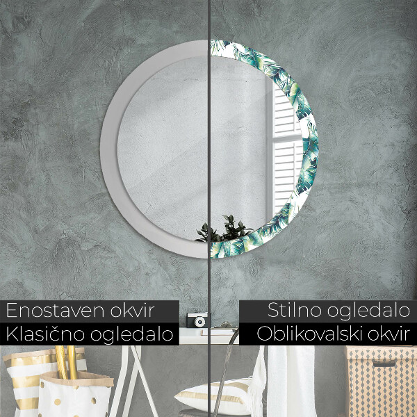Miroir rond cadre avec impression Feuilles